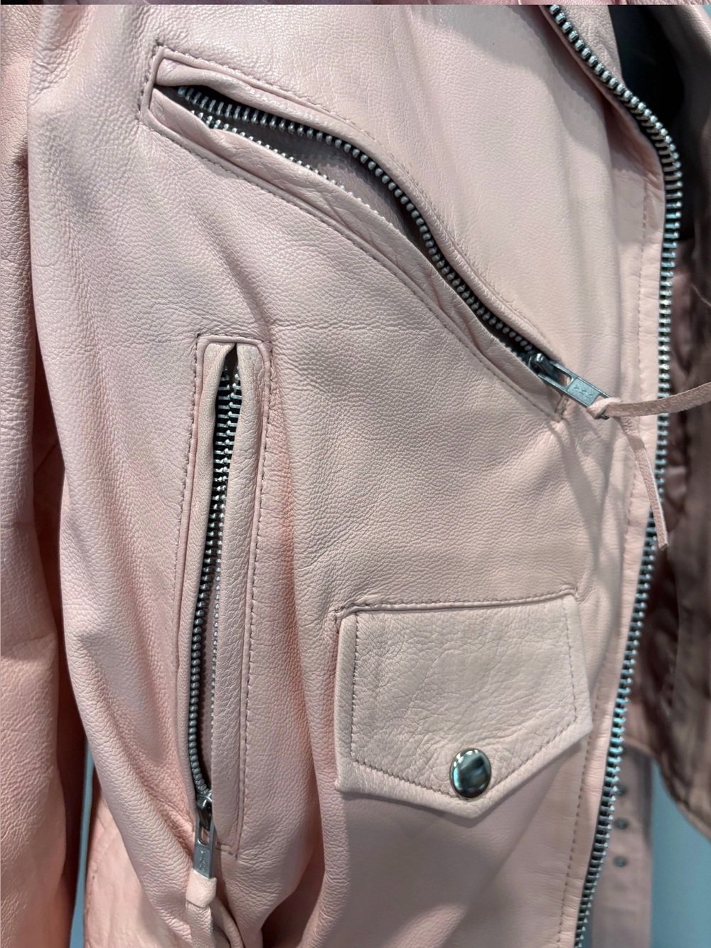 Unik Light Blush Pink Asymmetrical Moto Leather Jacket - Picture 4 of 7